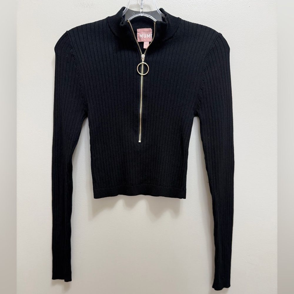 Show Me Your Mumu Charlie Zip Sweater Long Sleeve Stretch Black Rib Knit Black - Picture 2 of 7